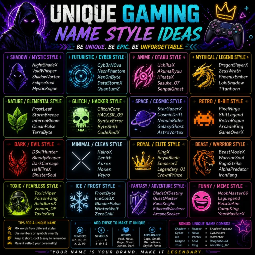 Unique Gaming Name Style Ideas 🌟