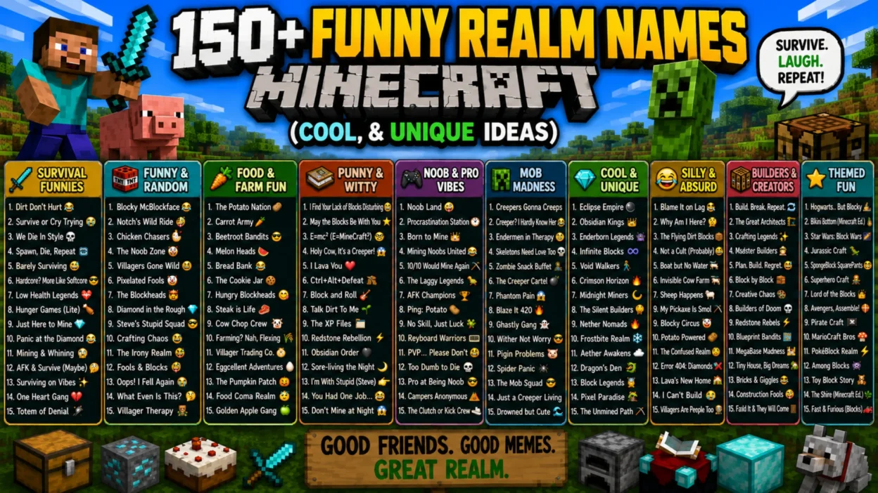 150+ Funny Realm Names Minecraft 😂 (Cool & Unique Ideas)