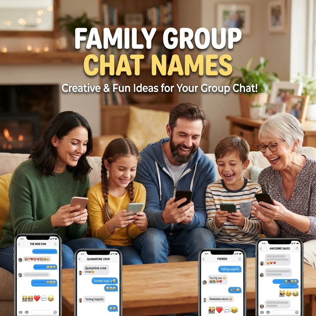 Family group chat names ideas displayed with fun, creative, and unique name suggestions for family conversations