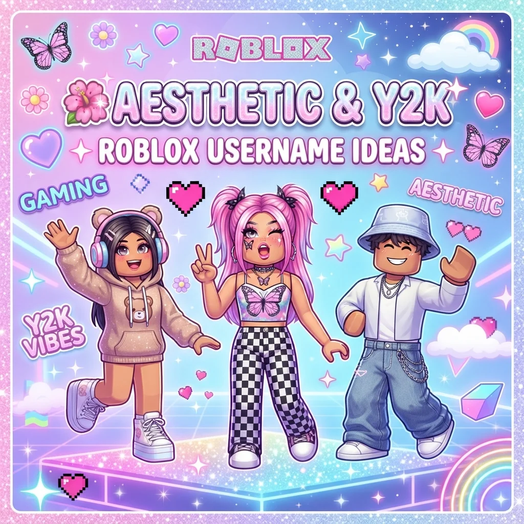 Aesthetic and Y2K Roblox username ideas with cute retro gaming style and colorful design
