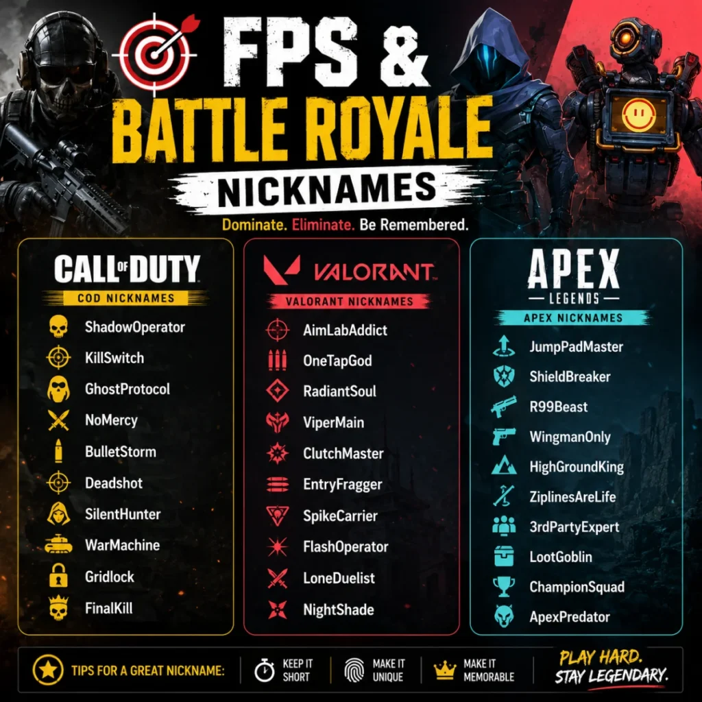 ๐ฏ FPS & Battle Royale Nicknames (Call of Duty, Valorant, Apex)