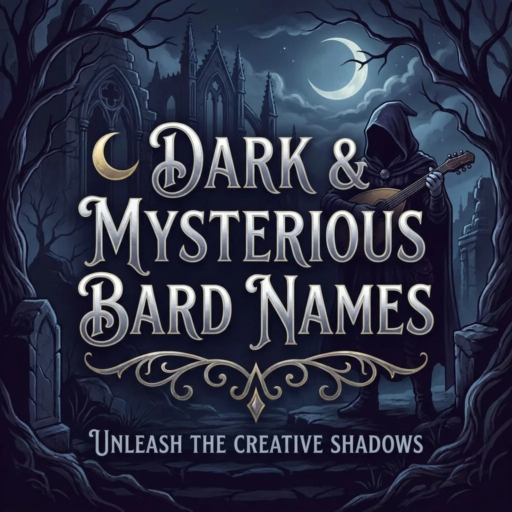 Dark and mysterious bard names featuring gothic, shadowy, mystical, magical, and fantasy character ideas