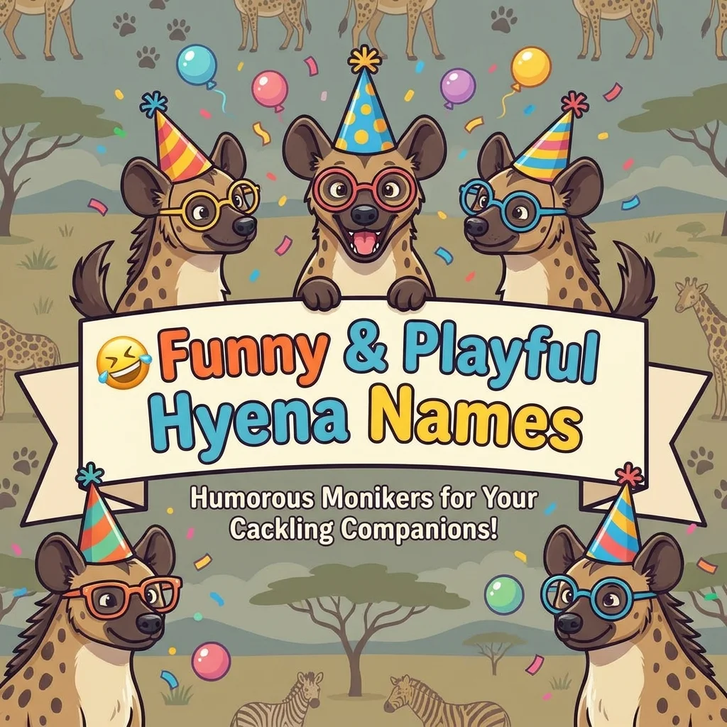Funny and playful hyena names featuring hilarious, silly, mischievous, cute, and creative animal name ideas
