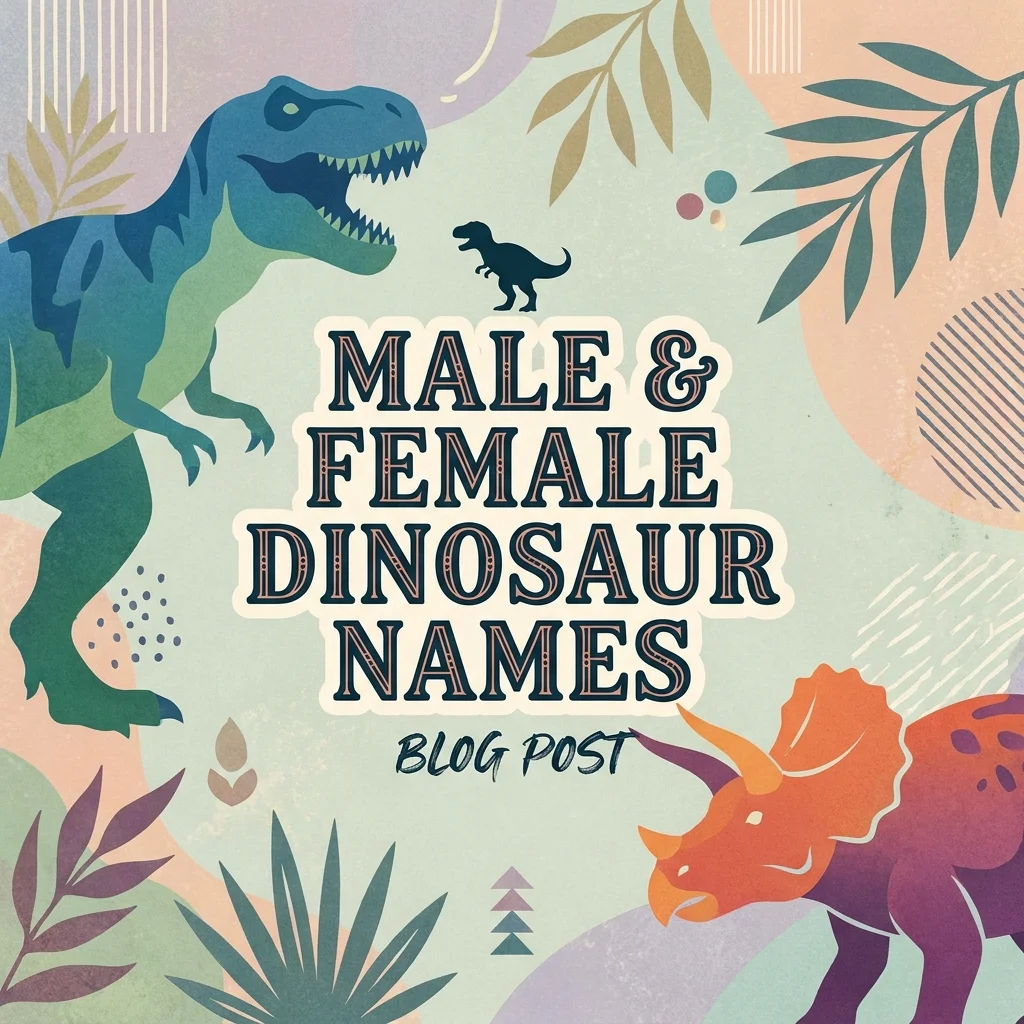 Pair of friendly male and female dinosaurs with name tags in a prehistoric landscape